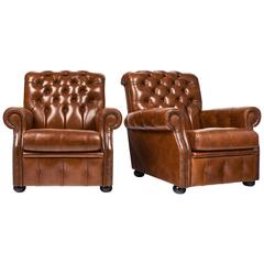 Vintage French Pair of Tufted Leather Armchairs