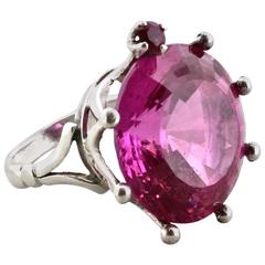 Large Mid-Century Mod Sterling Silver and Pink Synthetic Sapphire Cocktail Ring 11