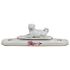 Meissen Porcelain Figural Pug Paperweight in the Pink Court Dragon Pattern