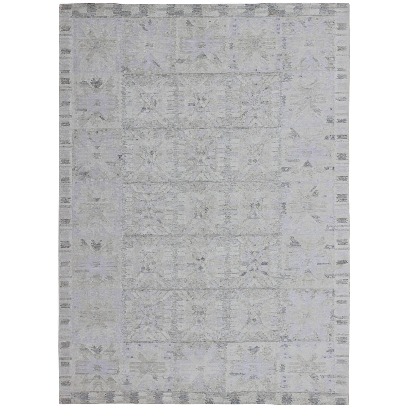 Großer Flachgewebter Teppich in Pastelltönen, skandinavisches/schwedisches geometrisches Design im Angebot