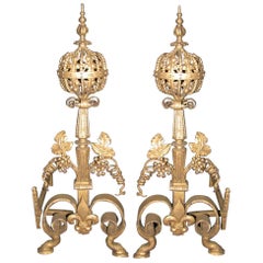 Pair of Wrought Iron and Bronze Baroque Style Andirons