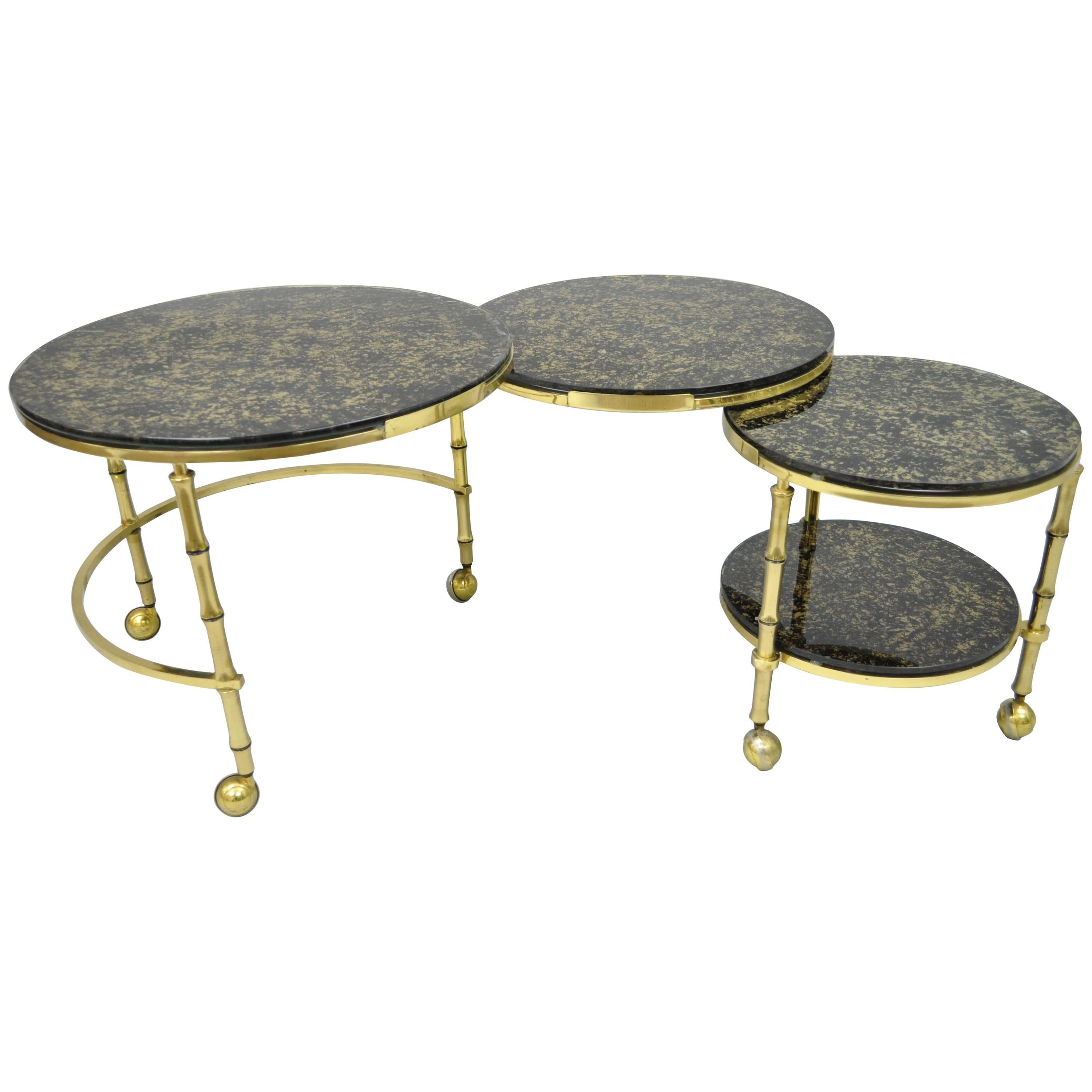 Brass and Glass Faux Bamboo Round Nesting Expanding Cocktail Coffee Side Table For Sale