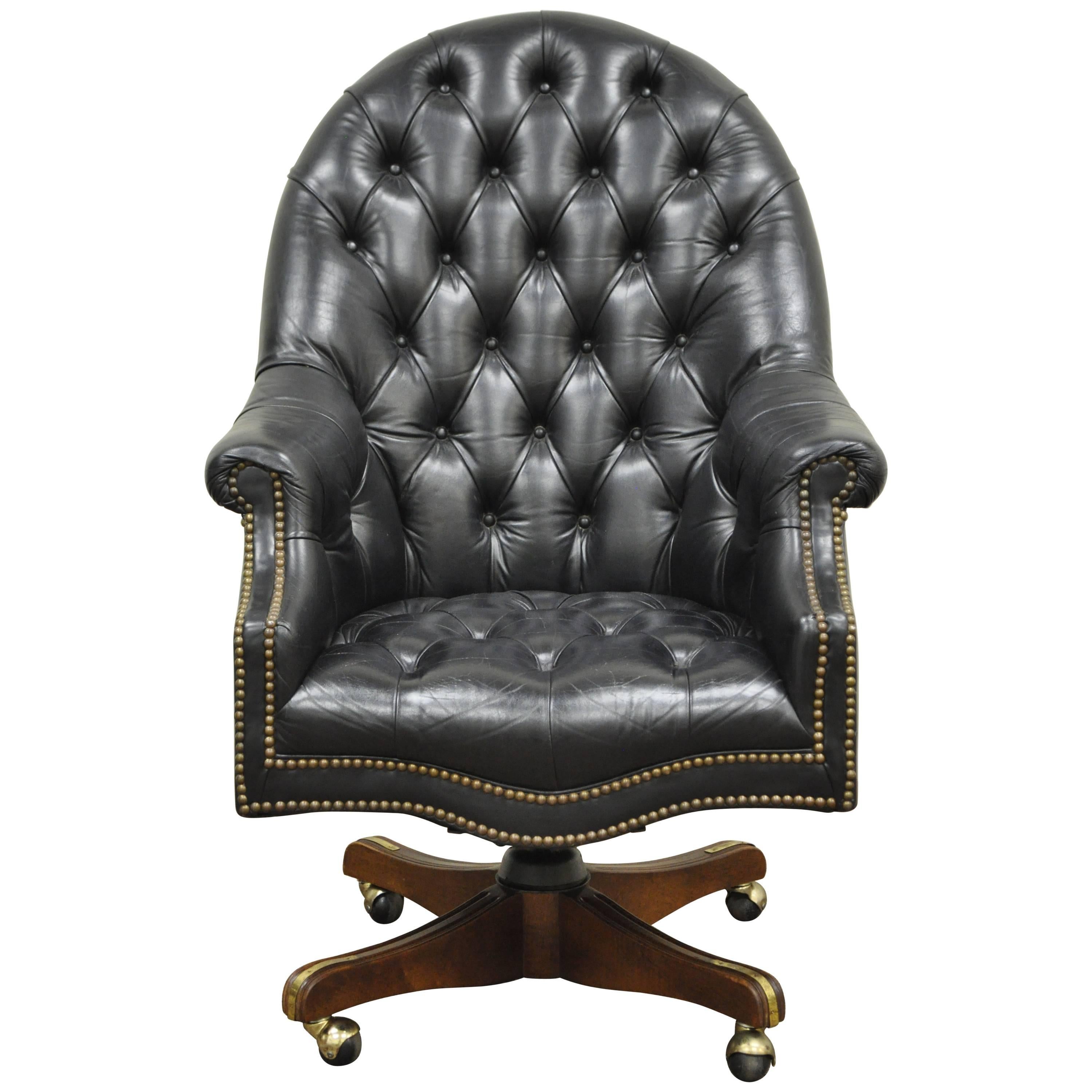 Deep Tufted Black Leather English Chesterfield Style Rolling Office Desk Chair