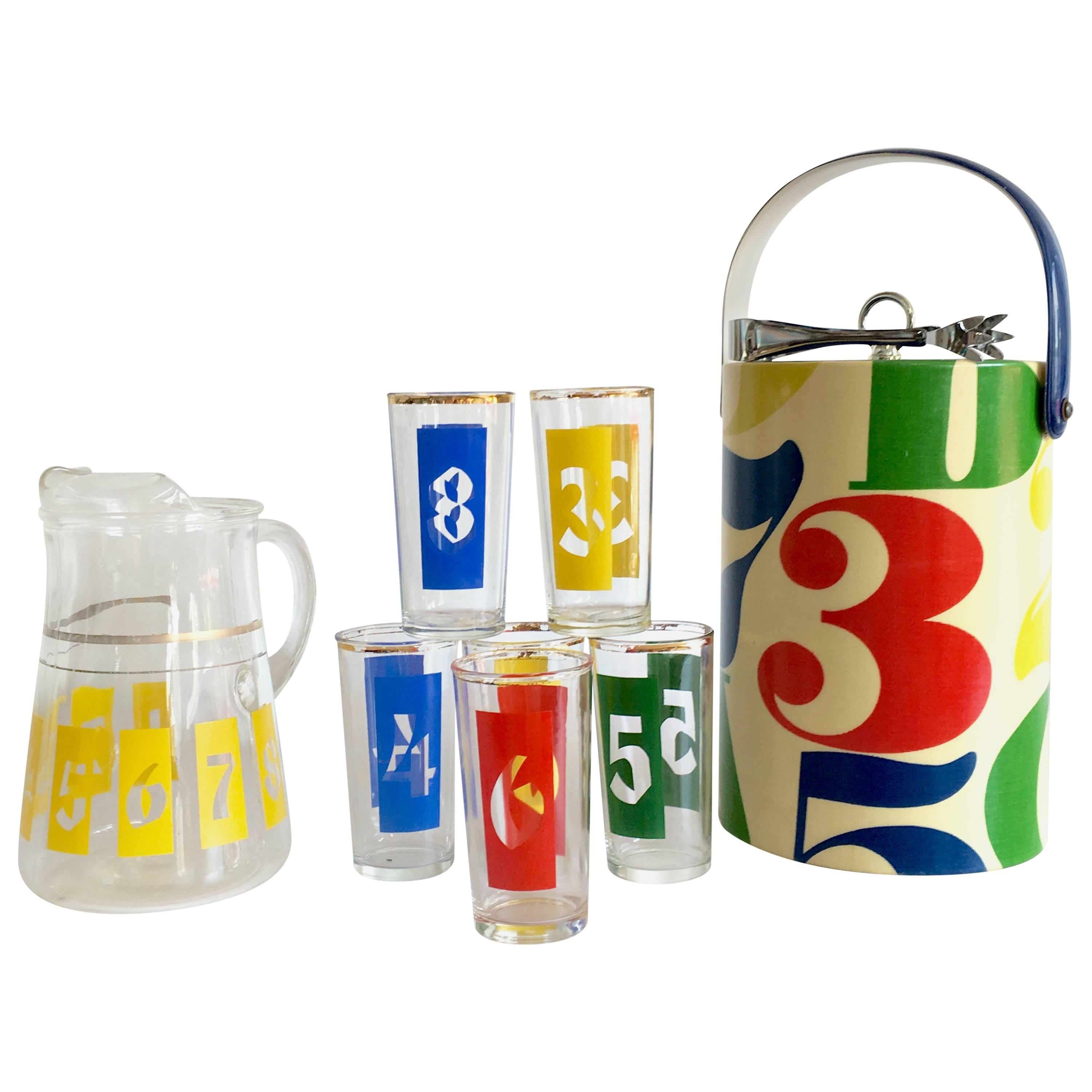 1960'S Groovy Graphic "Numbers" Printed Glass Bar Set/10
