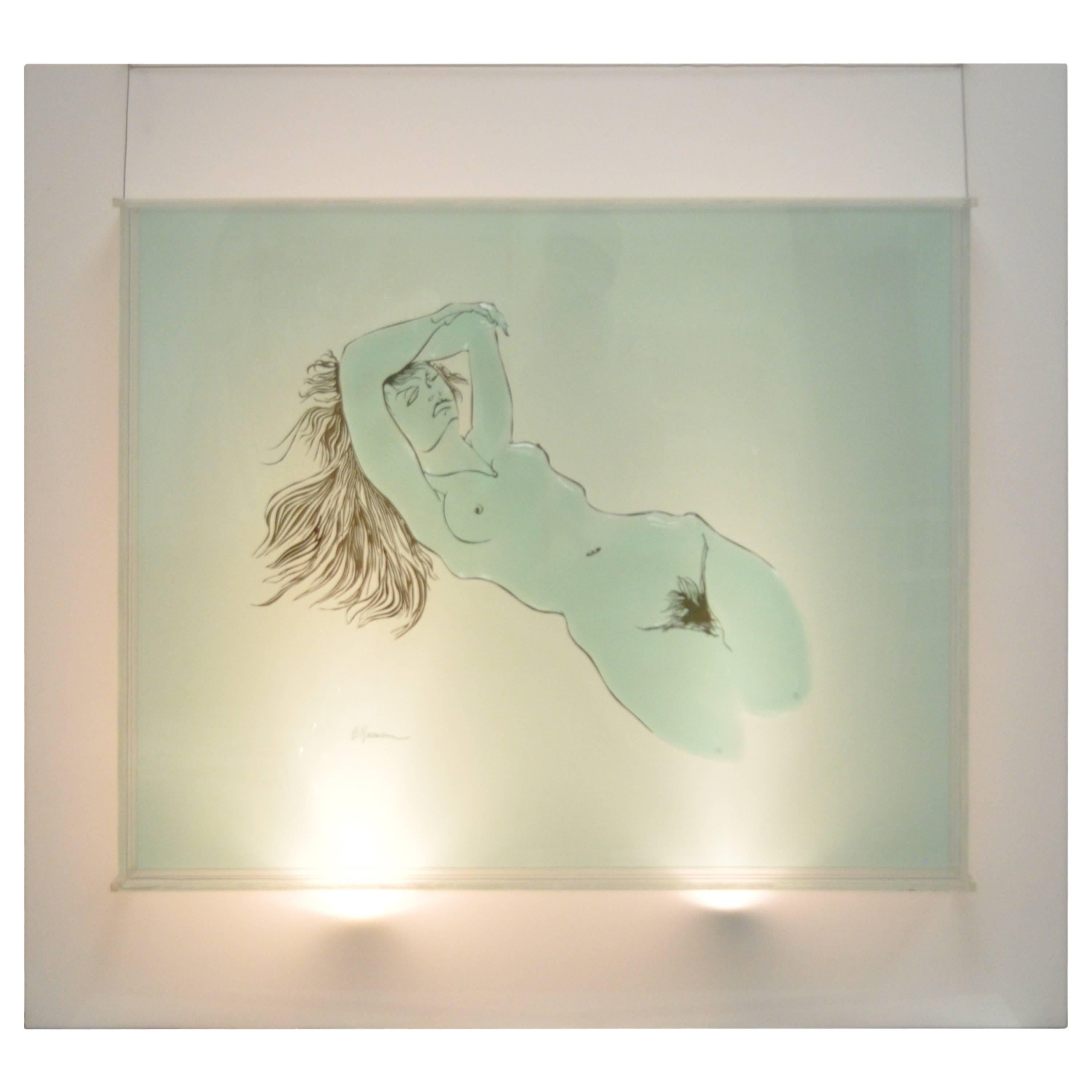 Large Eugene Massin Acrylic Lucite Nude Woman Wall Art Light Box Sculpture 45x51