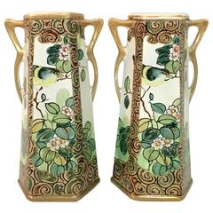 Pair of Antique Royal Nippon Hand-Painted Bird and Flora Panel Vases