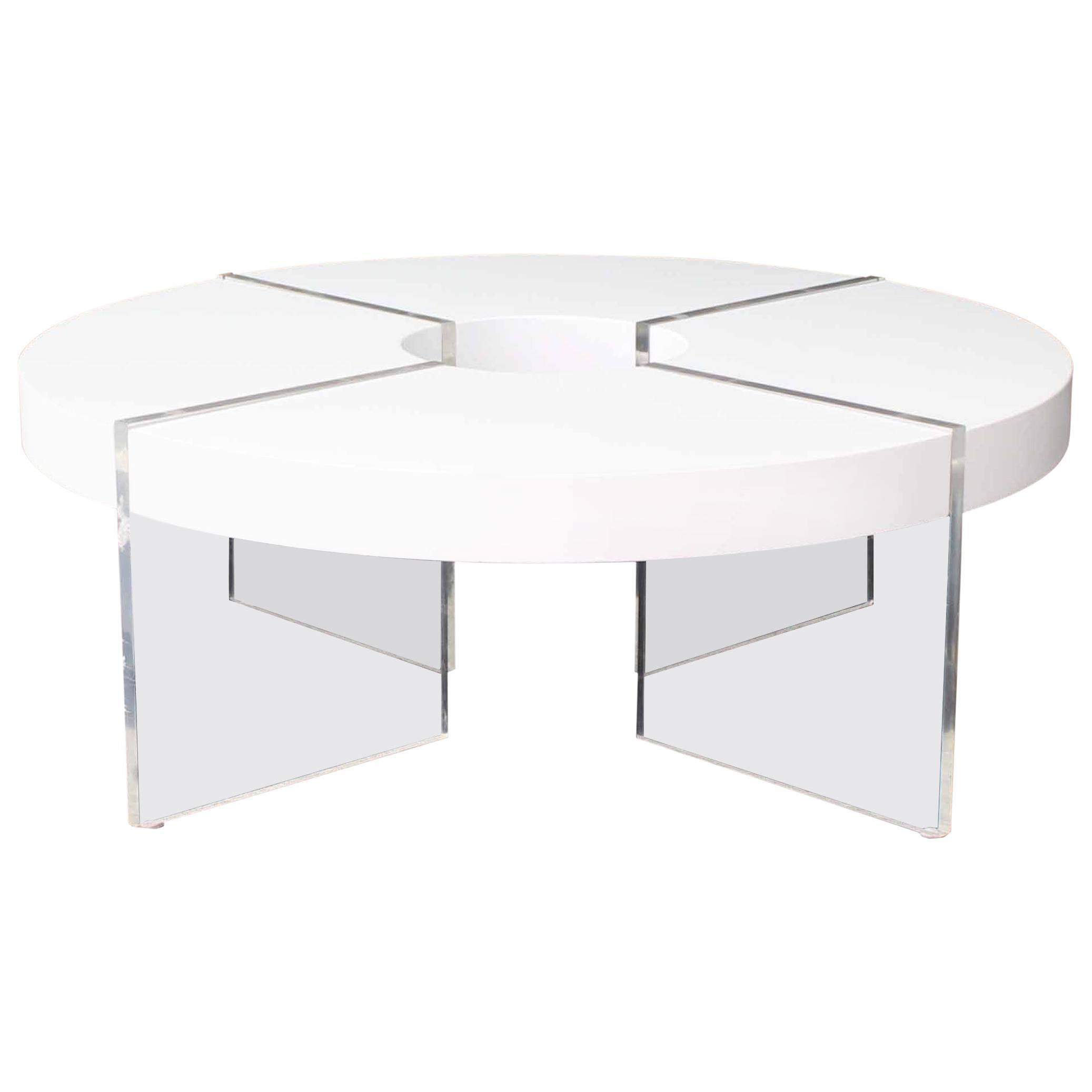 Round Circle White Lacquer Lucite Coffee Table