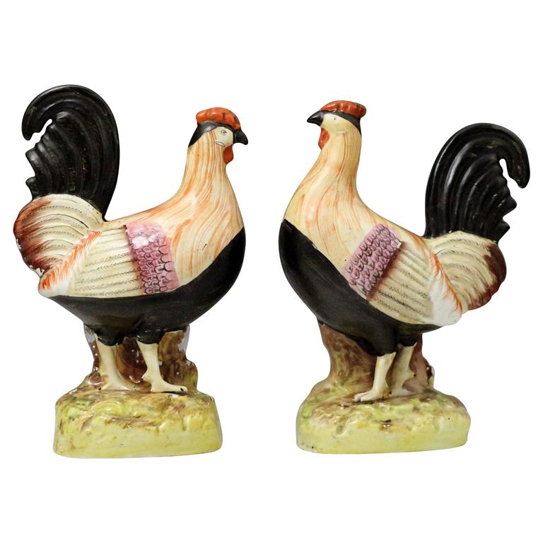 Antique Staffordshire Pottery Figures of Roosters, Mid-19th Century, England For Sale