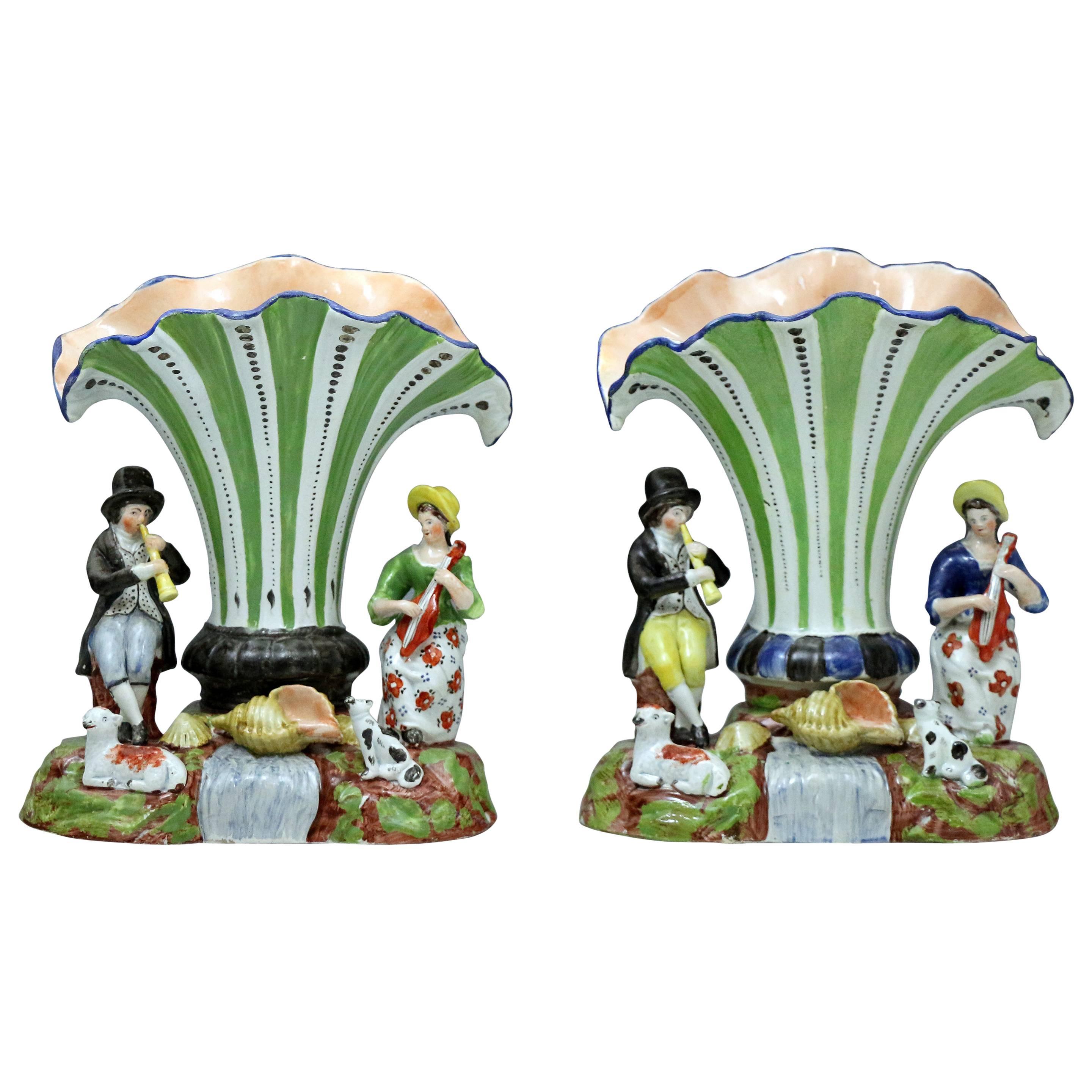 Antique Staffordshire Pottery Trumpet Shape Spill Vases with Figures of Musician For Sale