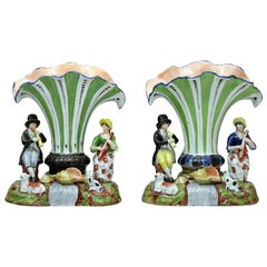 Antique Staffordshire Pottery Trumpet Shape Spill Vases with Figures of Musician