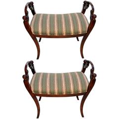 Wonderful Pair Deco Biedermeier Neoclassical Style Upholstered Regency Benches