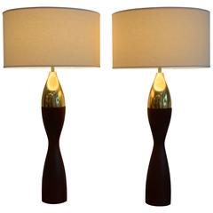 Massive Pair of Mid Century Turned Teak and Brass Table Lamps, Denmark