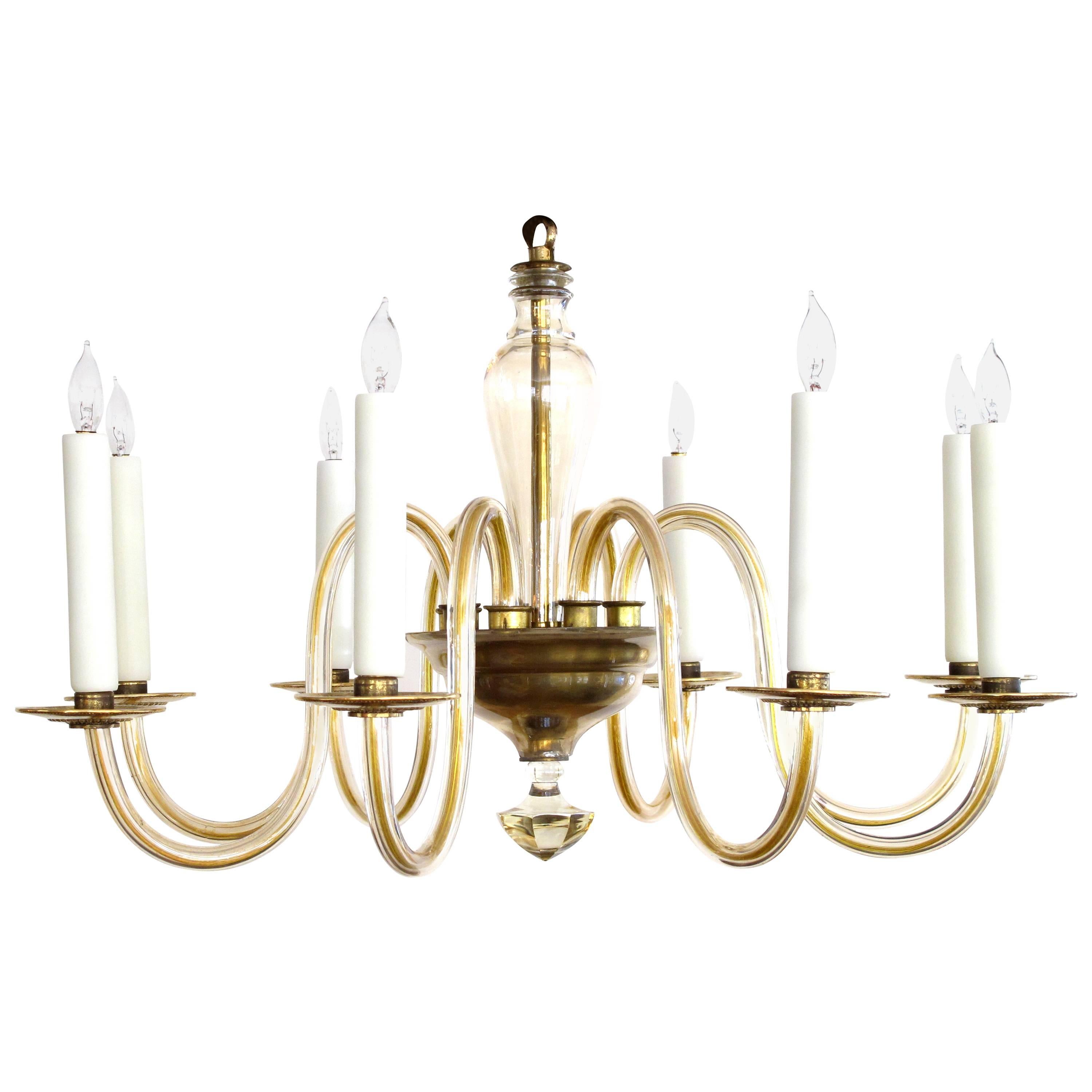 Shapely Murano 1950s Pale Gold Glass Eight-Light Chandelier For Sale
