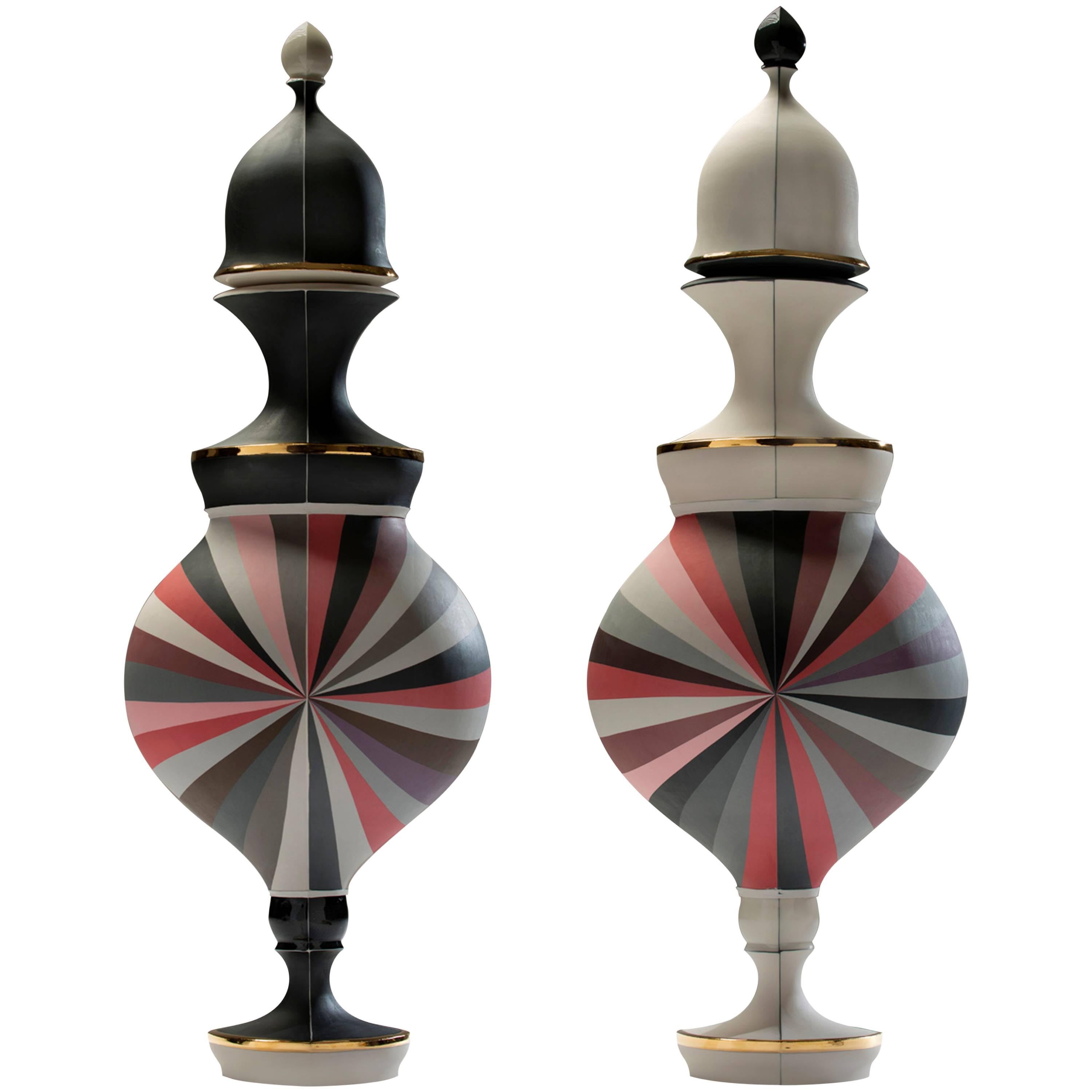 Contemporary Red Urns with Black and White Panels Porcelain Vessels 