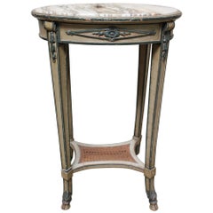 French Directoire Style Painted Wood Table with Marble Top and Caned Shelf