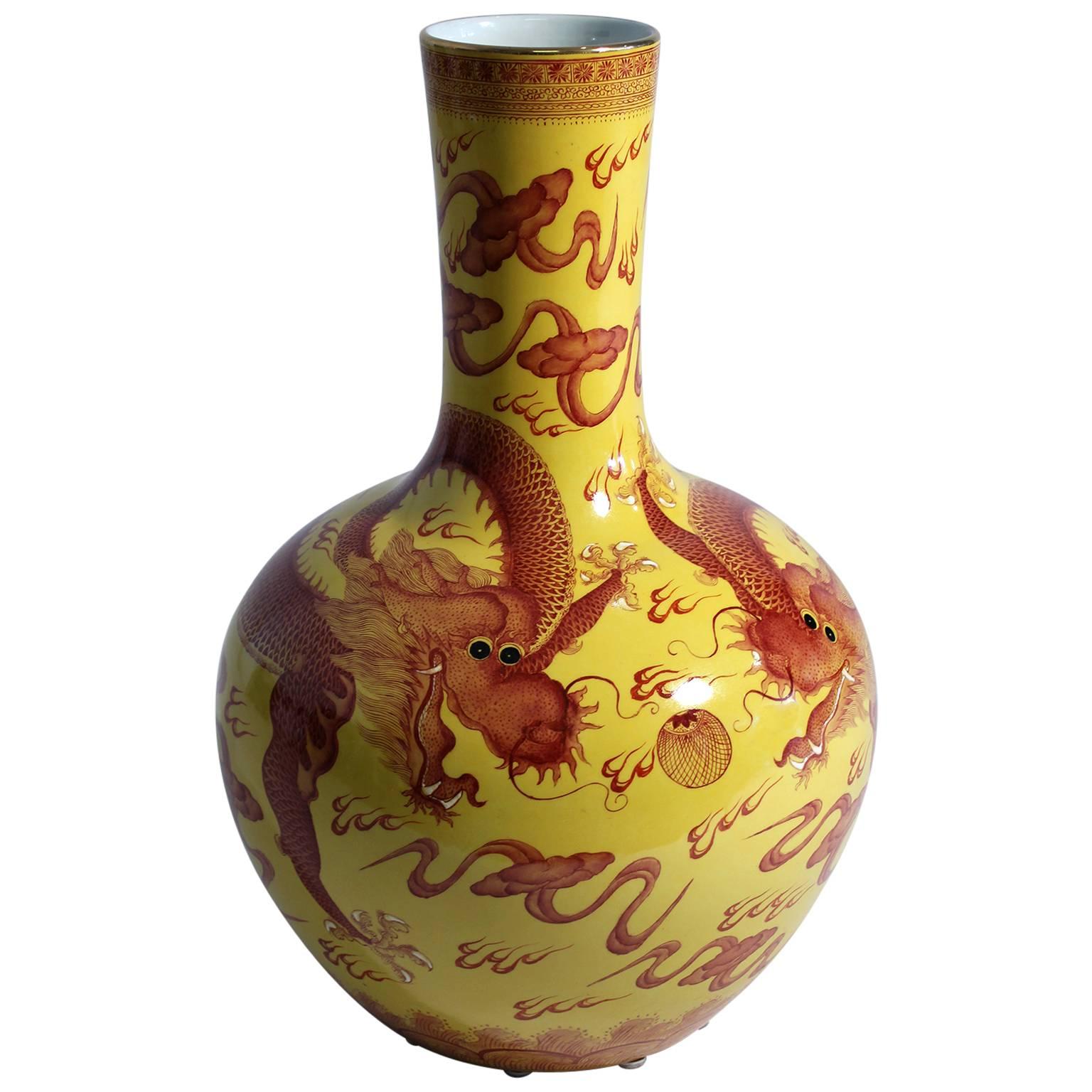 Vintage Chinese Hand-Painted Imperial Dragon Large Porcelain Vase