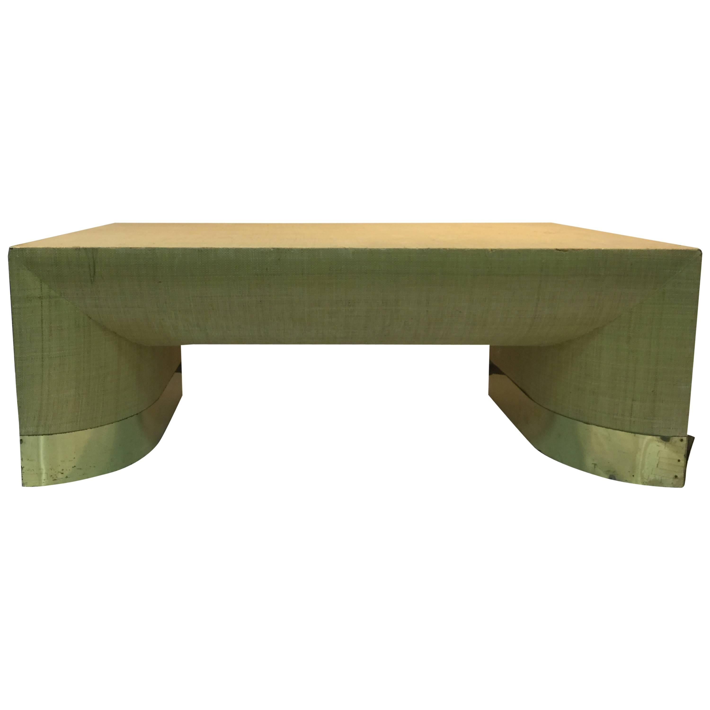 Substantial Grasscloth Coffee Table with Brass Banding For Sale