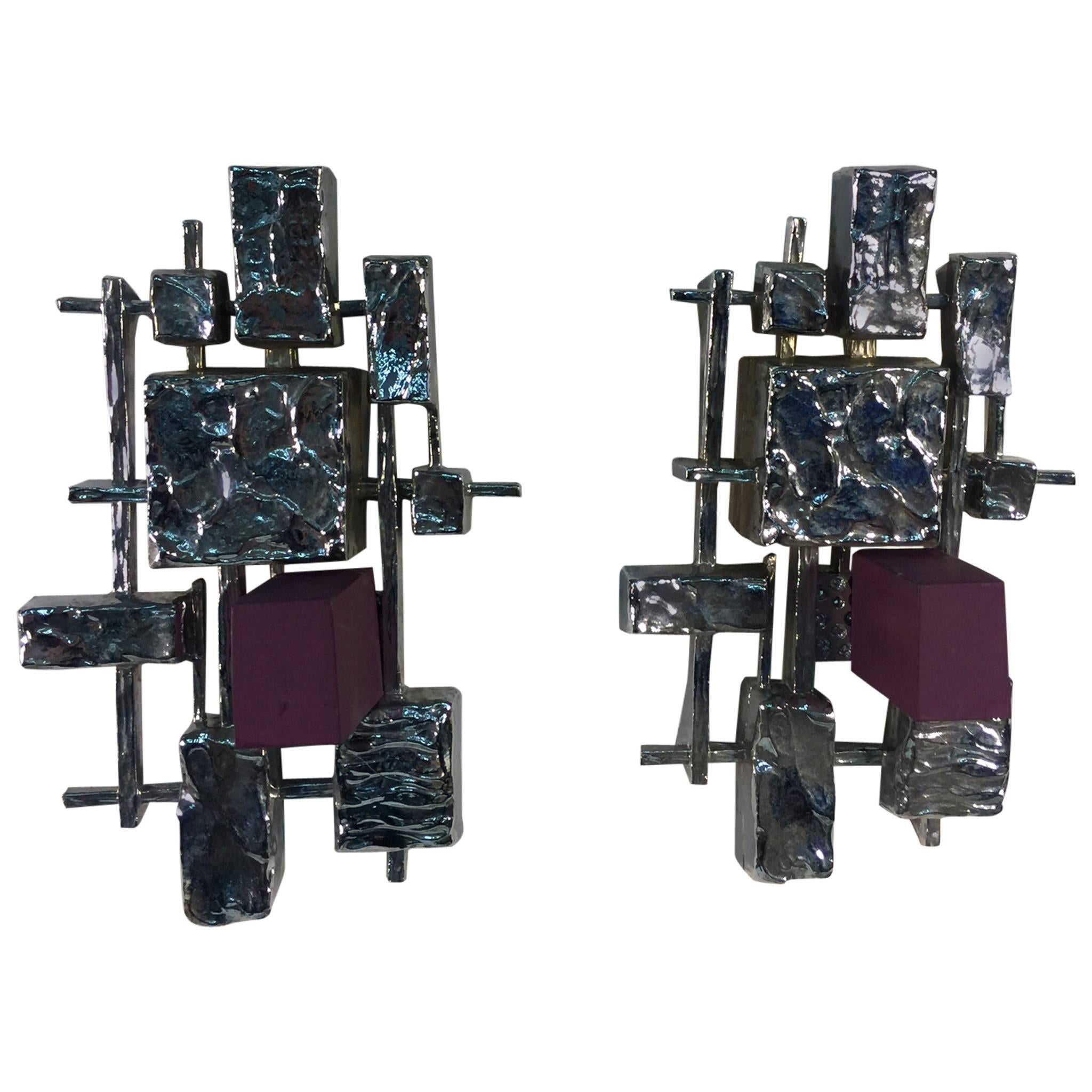 Brutalist Pair of Silver and Purple Cube Wall Sculptures in the Style of Evans For Sale