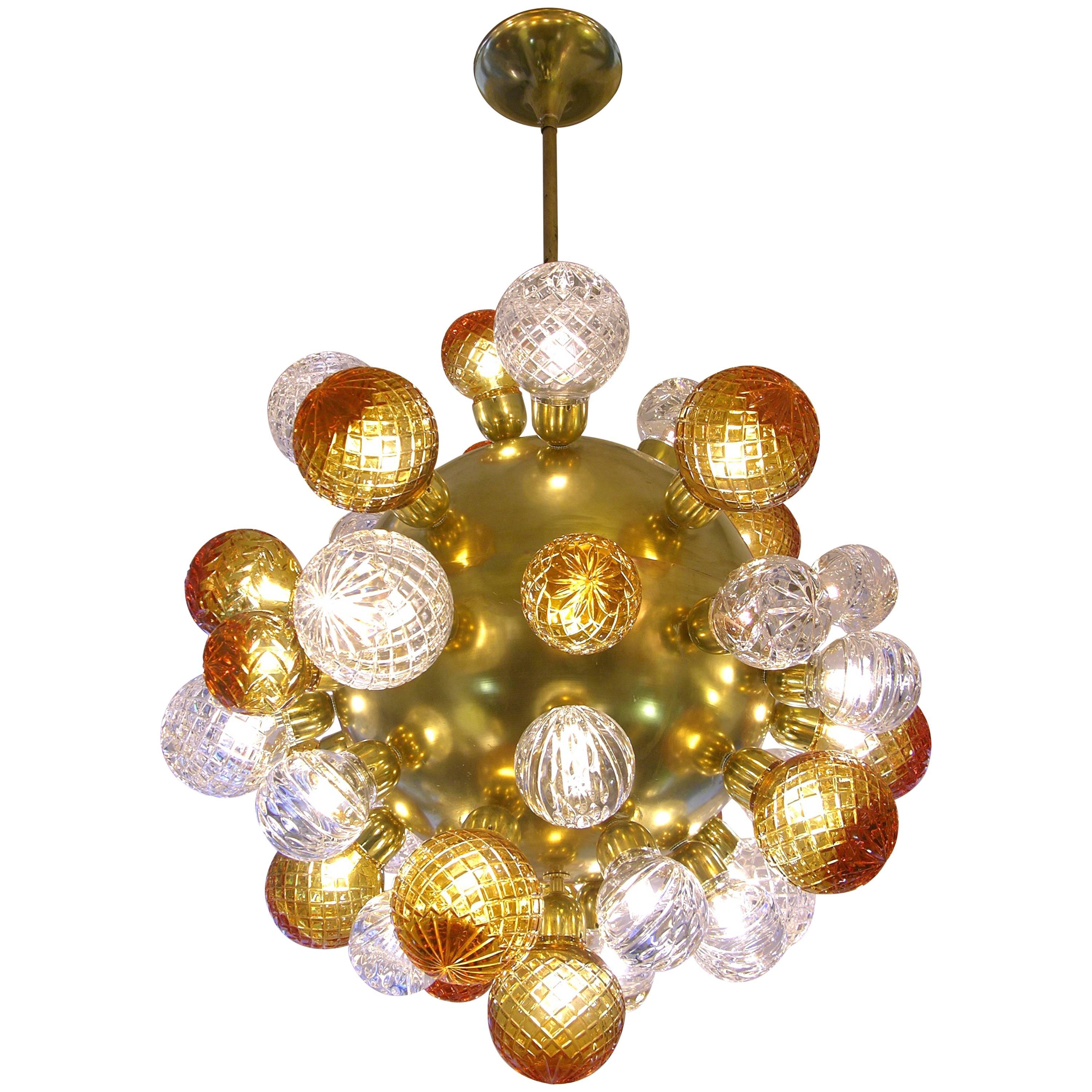 Italian Modern Sputnik Brass Chandelier with Crystal and Gold Swarovski Balls