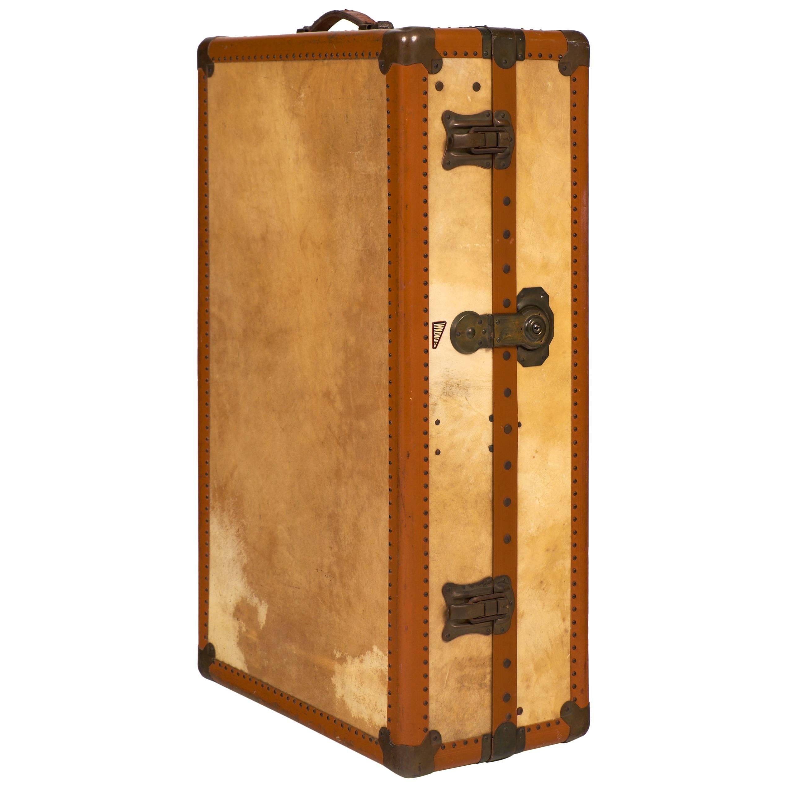 French Vintage Moleskin Steamer Trunk or Suitcase