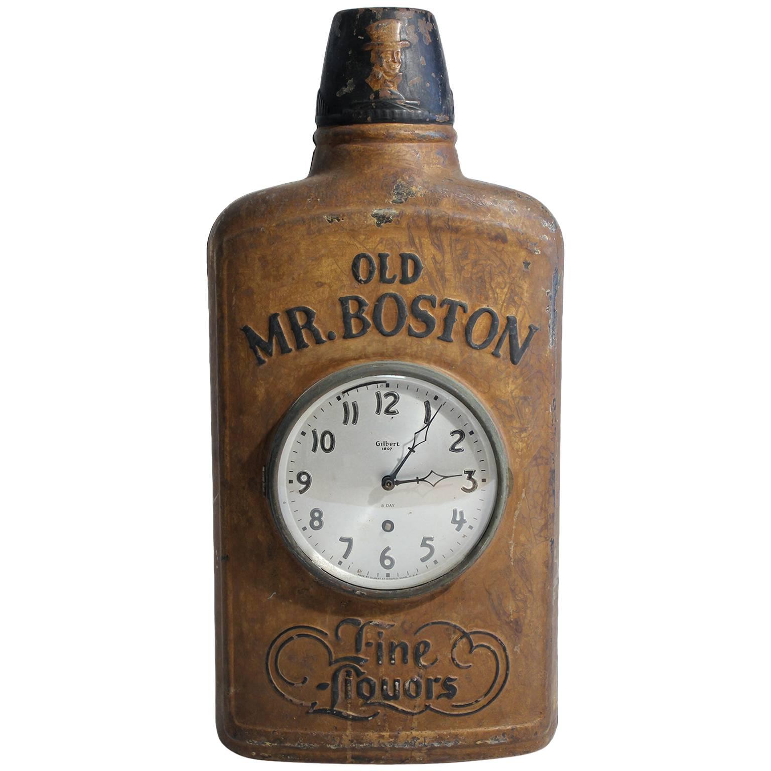 Antique Old Mr. Boston Fine Liquors Advertising Flask Clock Trade Sign