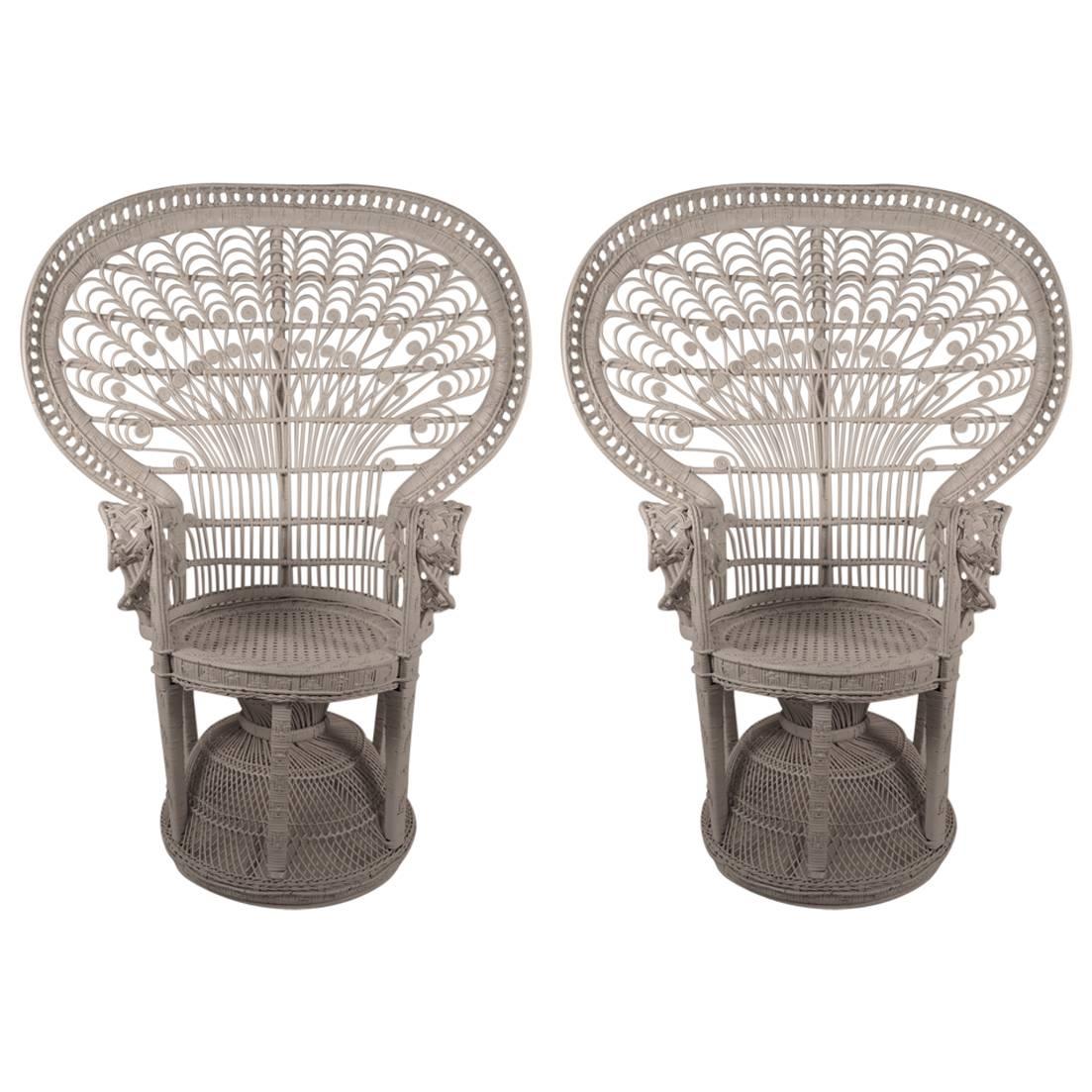 Pair of Rattan Wicker Fan Back " Emmanuelle" Peacock Chairs