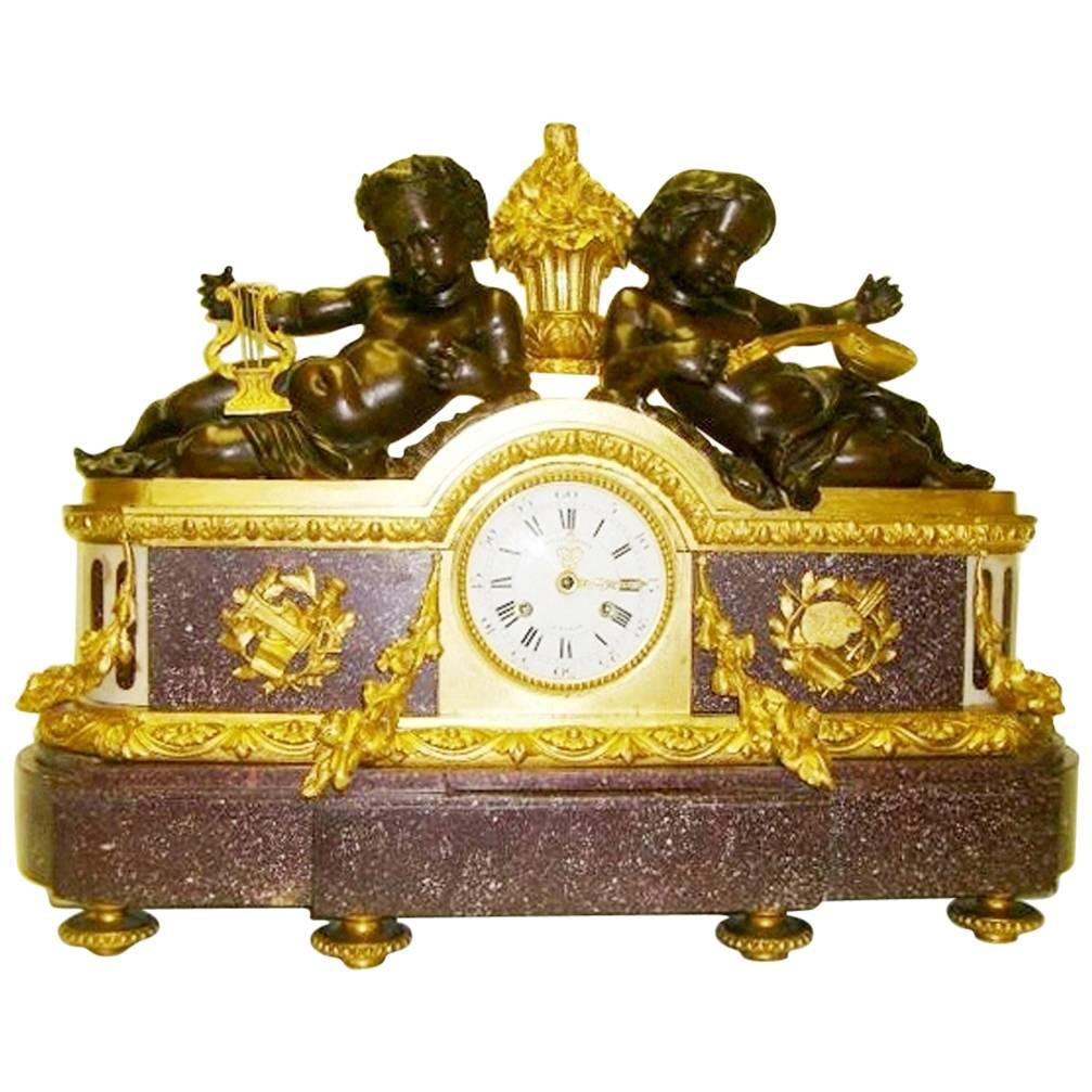 Bronze and Porphyry Clock by Julien Le Roy, 19th Century For Sale