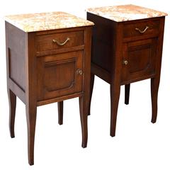 Antique Pair of Oak Marble-Top Bedside Cabinets