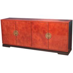 Vintage Rich Red 1970s Sideboard with Stylized Oriental Brass Escutcheons