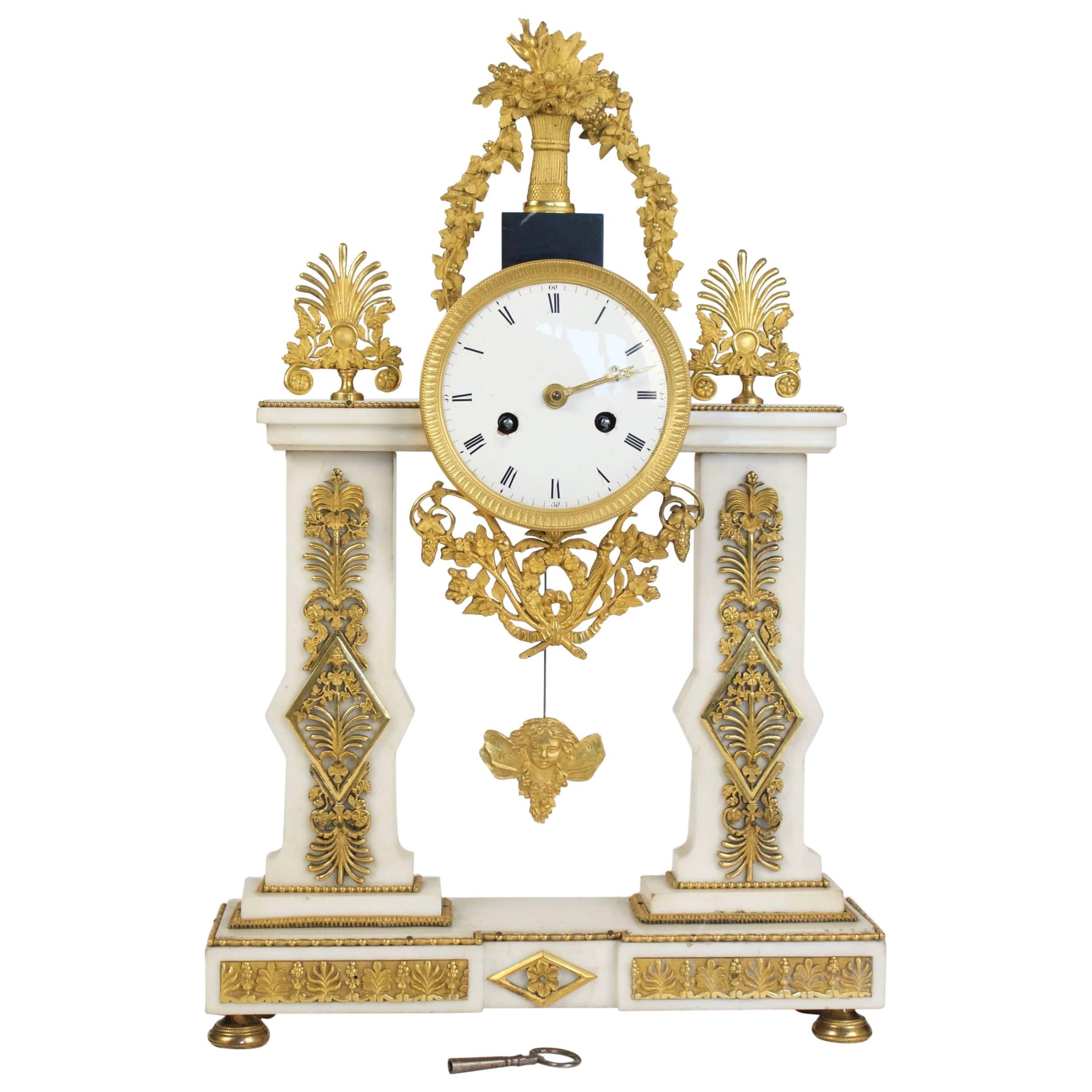 Directoire Period White Carrara Marble and Ormolu Clock, circa 1795 For Sale