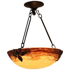 French Art Nouveau Wrought Iron and Art Glass Chandelier by Muller Freres