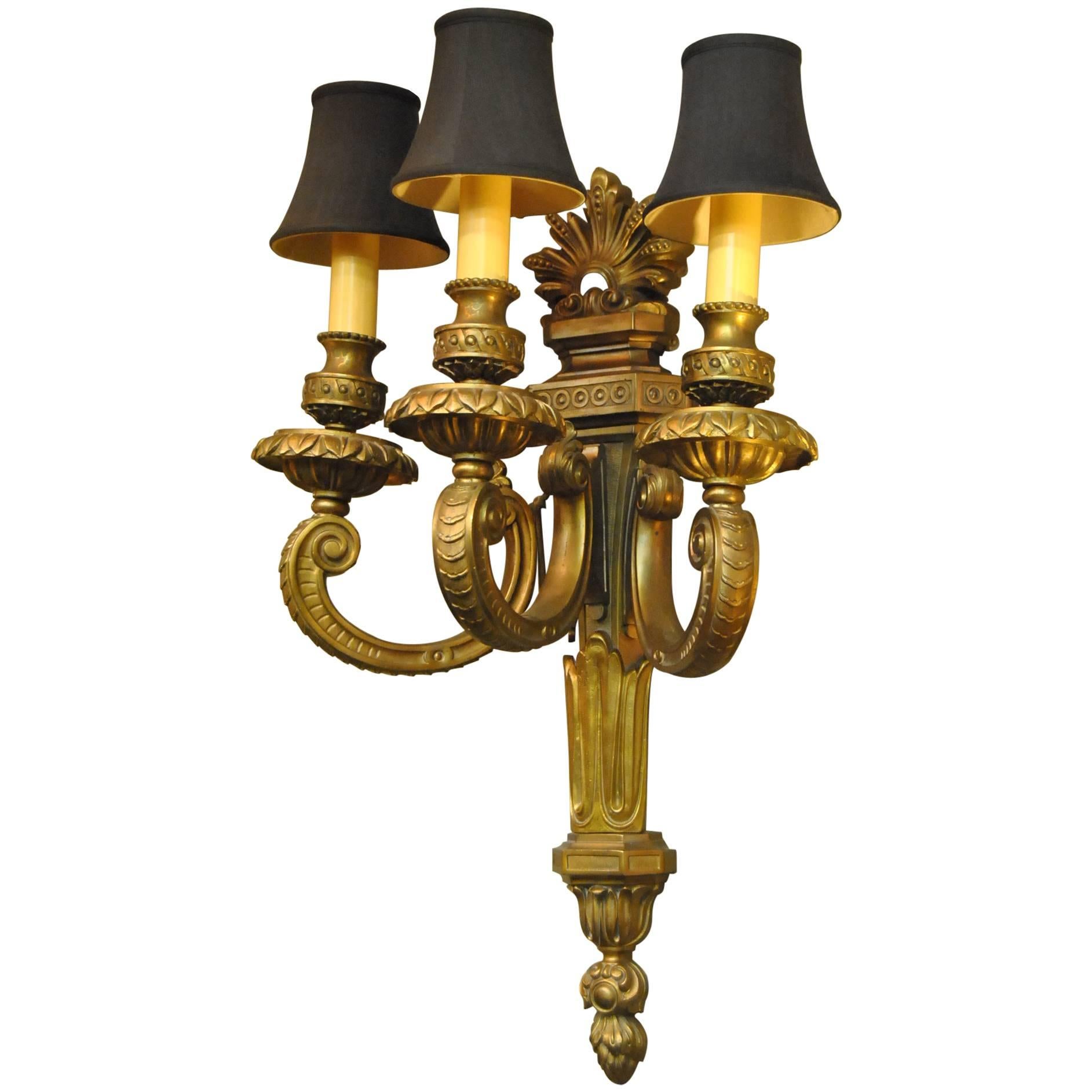 Ornate Doré Bronze Neoclassical Three-Arm Wall Sconce