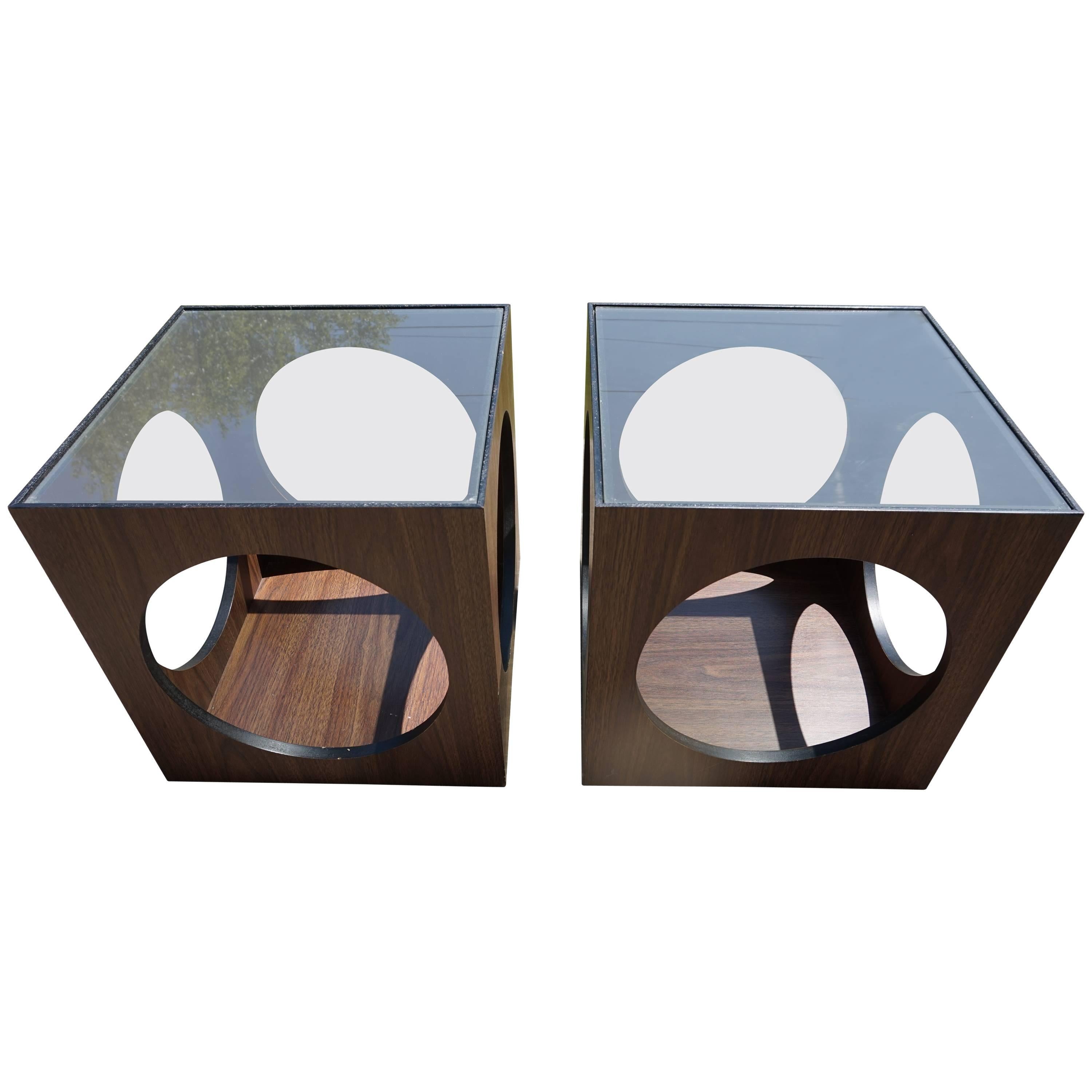 Cool Pair of Lane Walnut Cube Side Tables Circle Cut-Outs, Mid-Century Modern