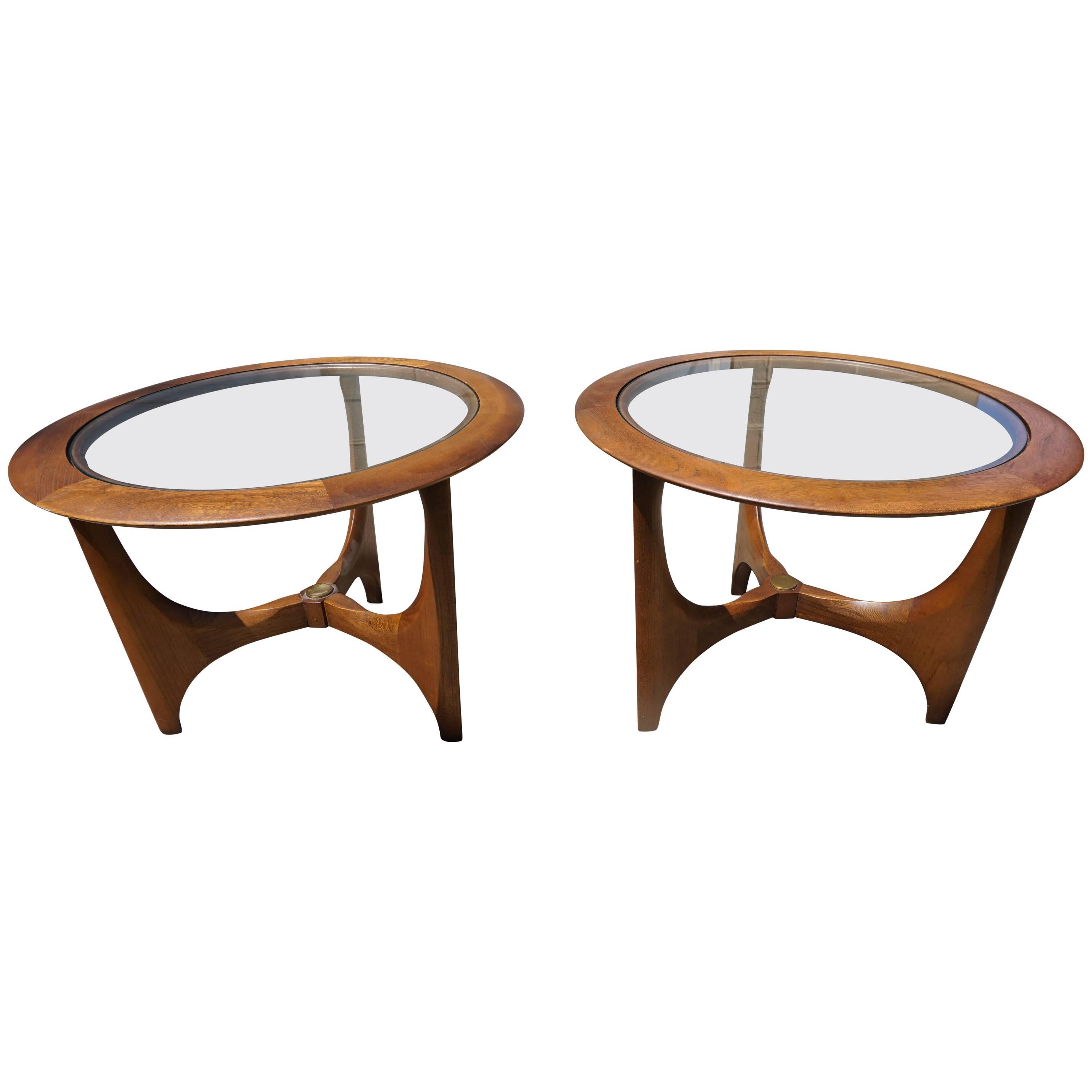 Pair of Mid-Century Modern Walnut Glass Round Side Tables, Made by Lane