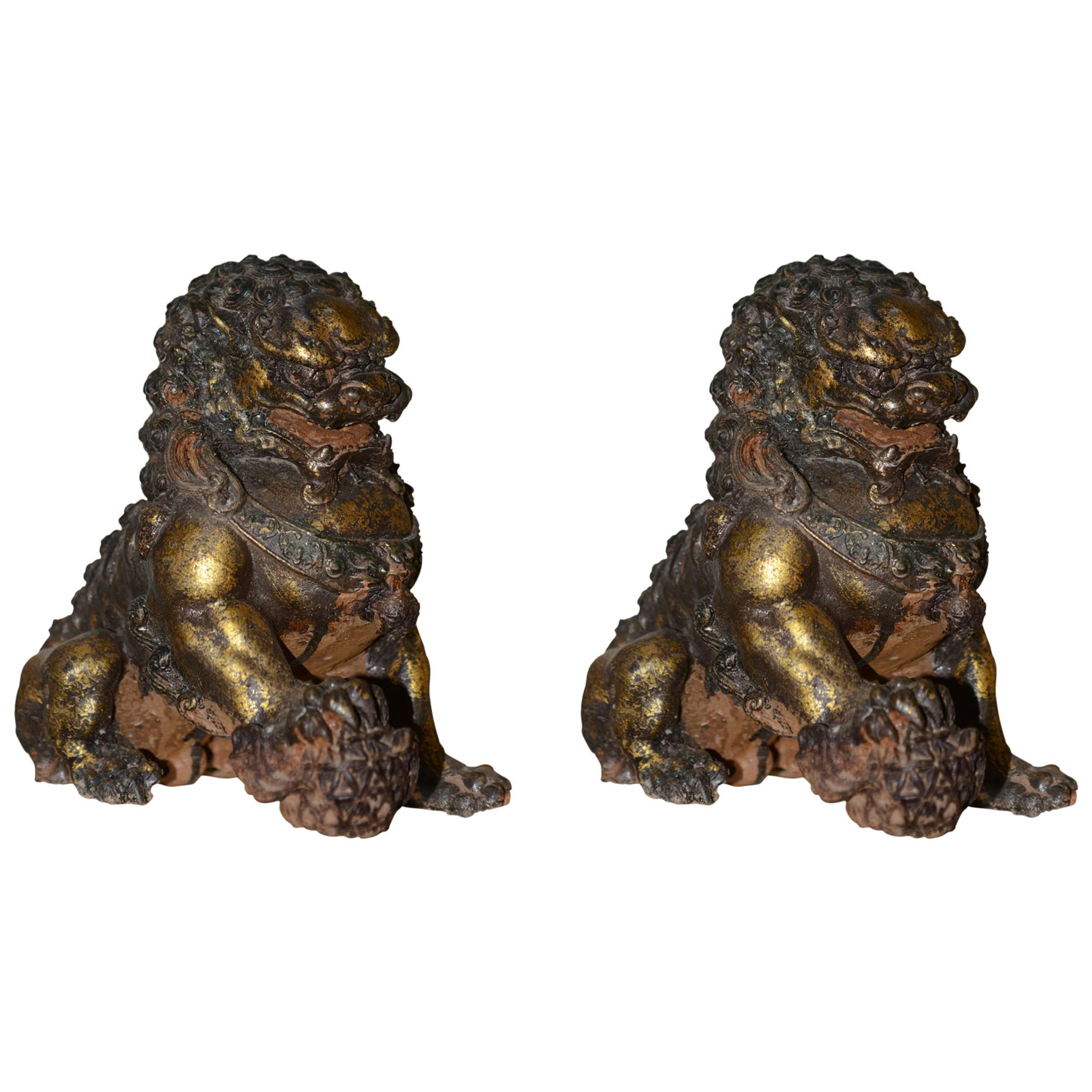 Fu Dogs Set of Two Chinese Sculptures in Melting
