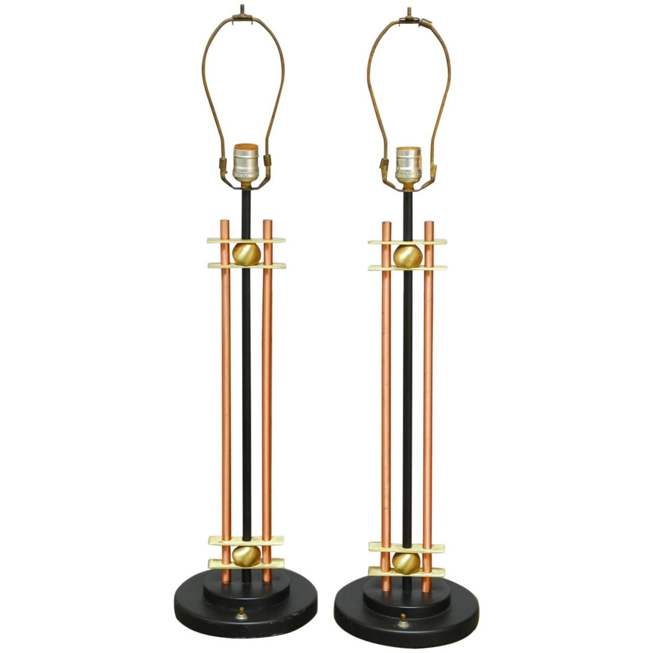 Pair of Geometric Copper and Brass Table Lamps For Sale at 1stDibs