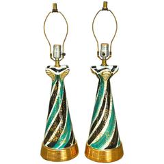 Pair of Mid-Century Gilt Splashed Ceramic Striped Table Lamps