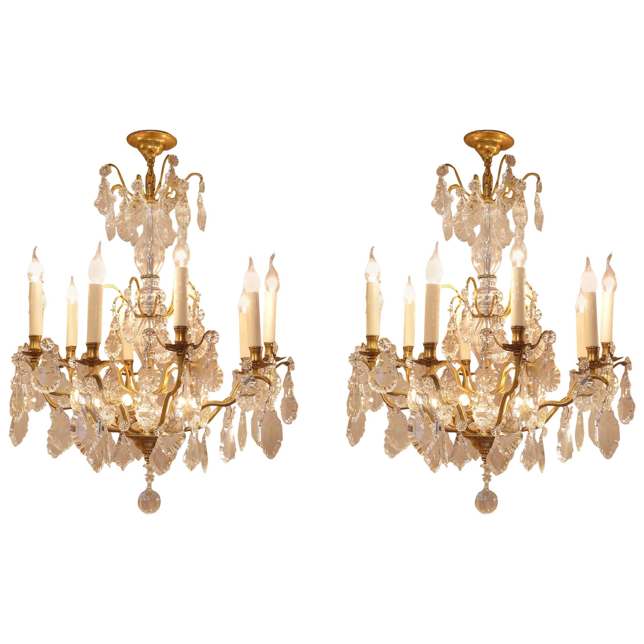 French Pair of Louis XVI Style Gilt Bronze and Chrystal Chandeliers, circa 1920