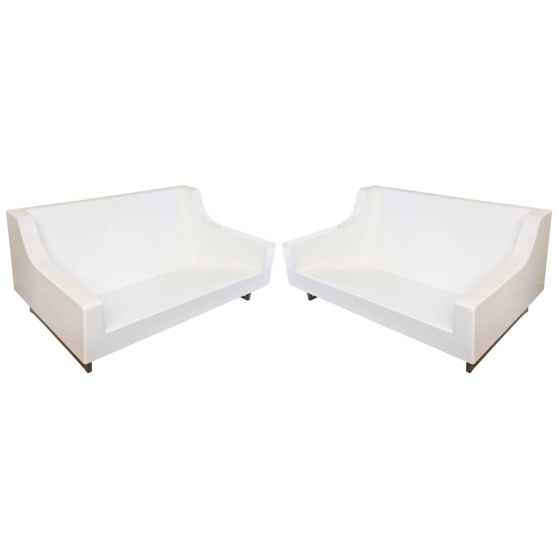 Pair of Indoor/Outdoor Sculptural White Lacquered Fiberglass Sofas or Loveseats