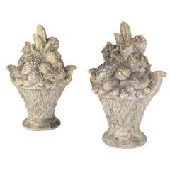 Pair of Cast Stone Garden Ornaments Baskets of Fruit