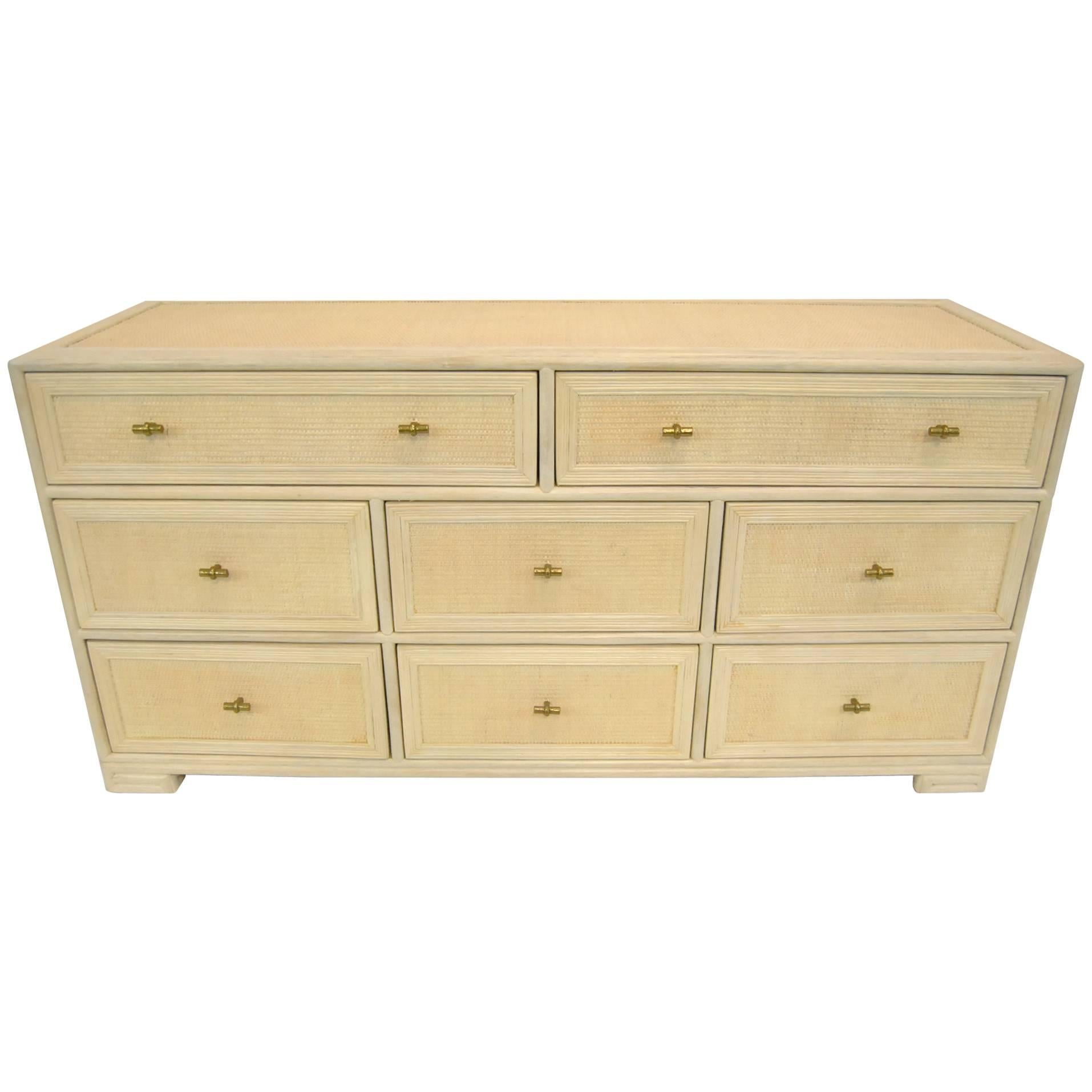 Ficks Reed Eight-Drawer Chest Caning Top, Sides and Front Whitewashed Frame