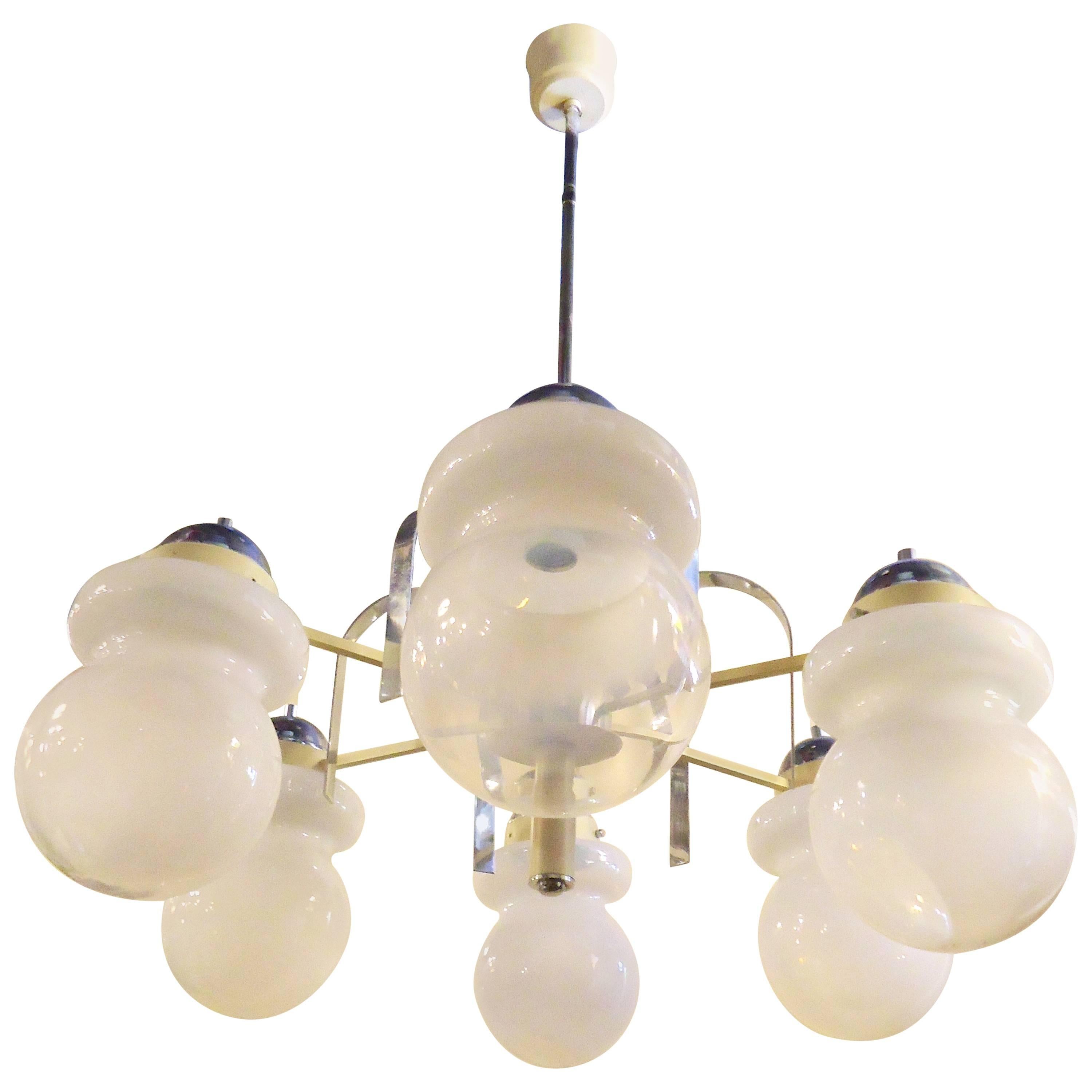 Mid-Century Modern Chandelier with Frosted Globes For Sale