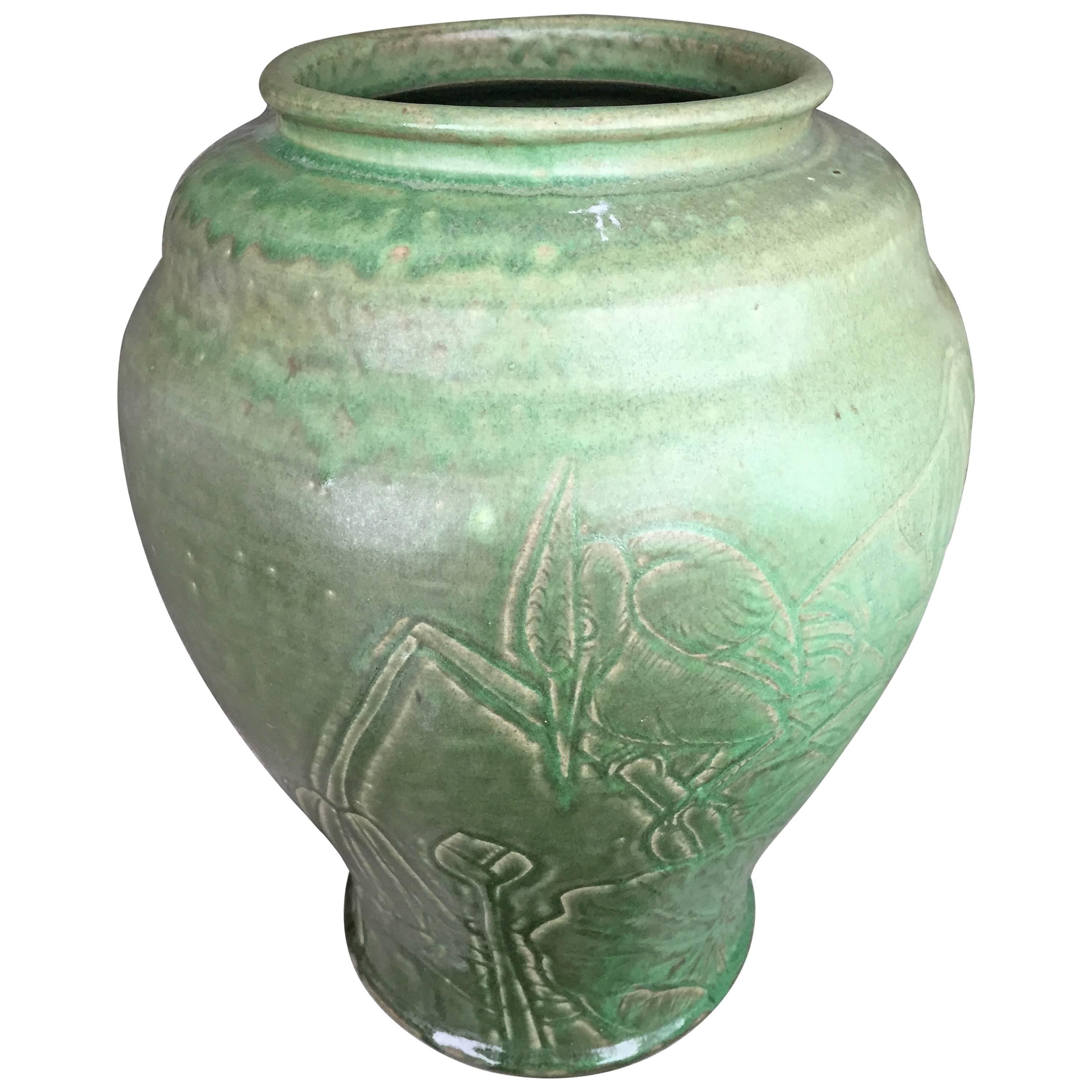 Japanese Fine Antique Handmade and Hand Glazed "Heron and Iris" Vase, 1912