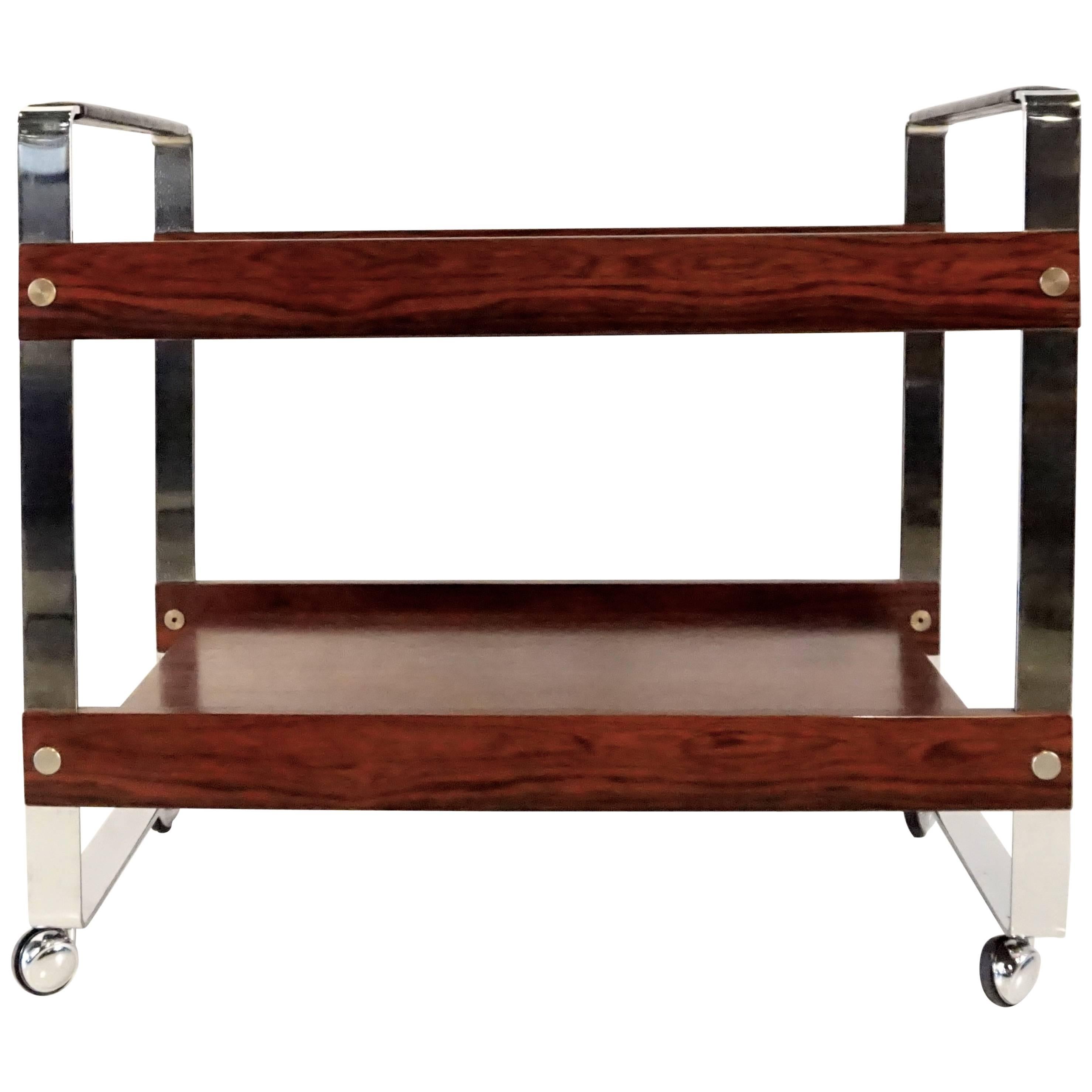 Handsome Rosewood, Chrome & Leather Brazilian Bar Cart  C. 1960s