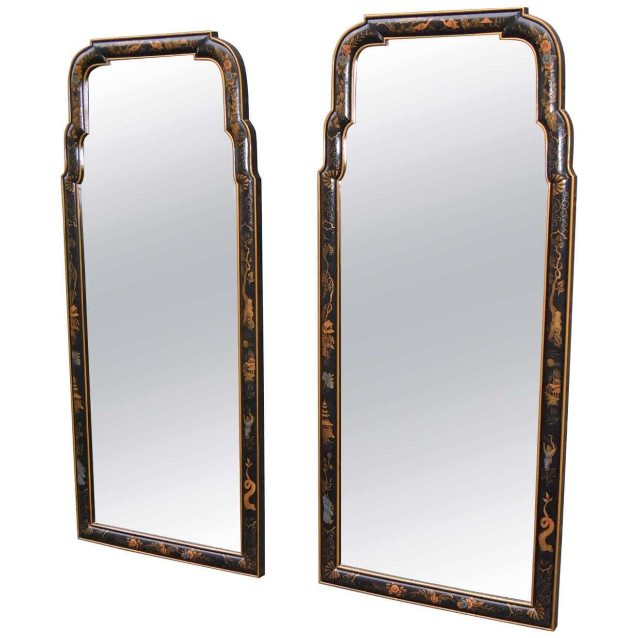 Pair of Asian Style Chinoiserie Drexel Mirrors Black with Gold Painted Scenes