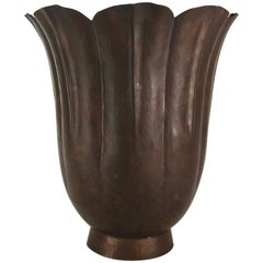 Marie Zimmermann Arts & Crafts Fluted Metal Vase with Butterscotch Brown Patina