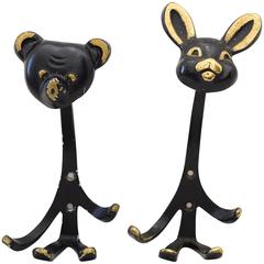 Two Walter Bosse Rabbit and Bear Mid-Century Wall Hooks, Brass, Austria, 1950s