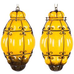 Pair of Mid-Century Caged Murano Glass Pendant Lanterns, 1950s