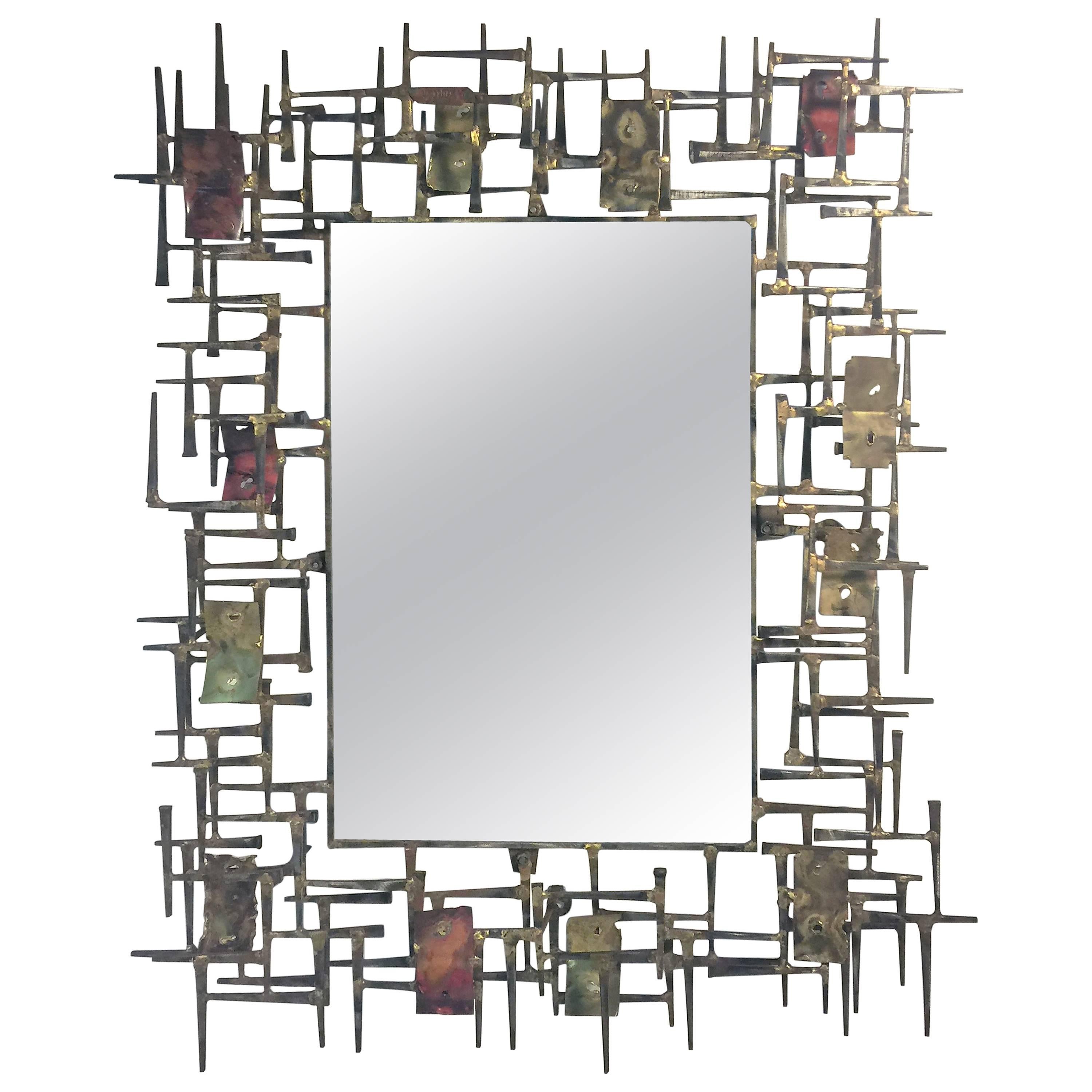  Amazing Brutalist Nail and Metal Mirror in the Manner of Silas Seandel For Sale