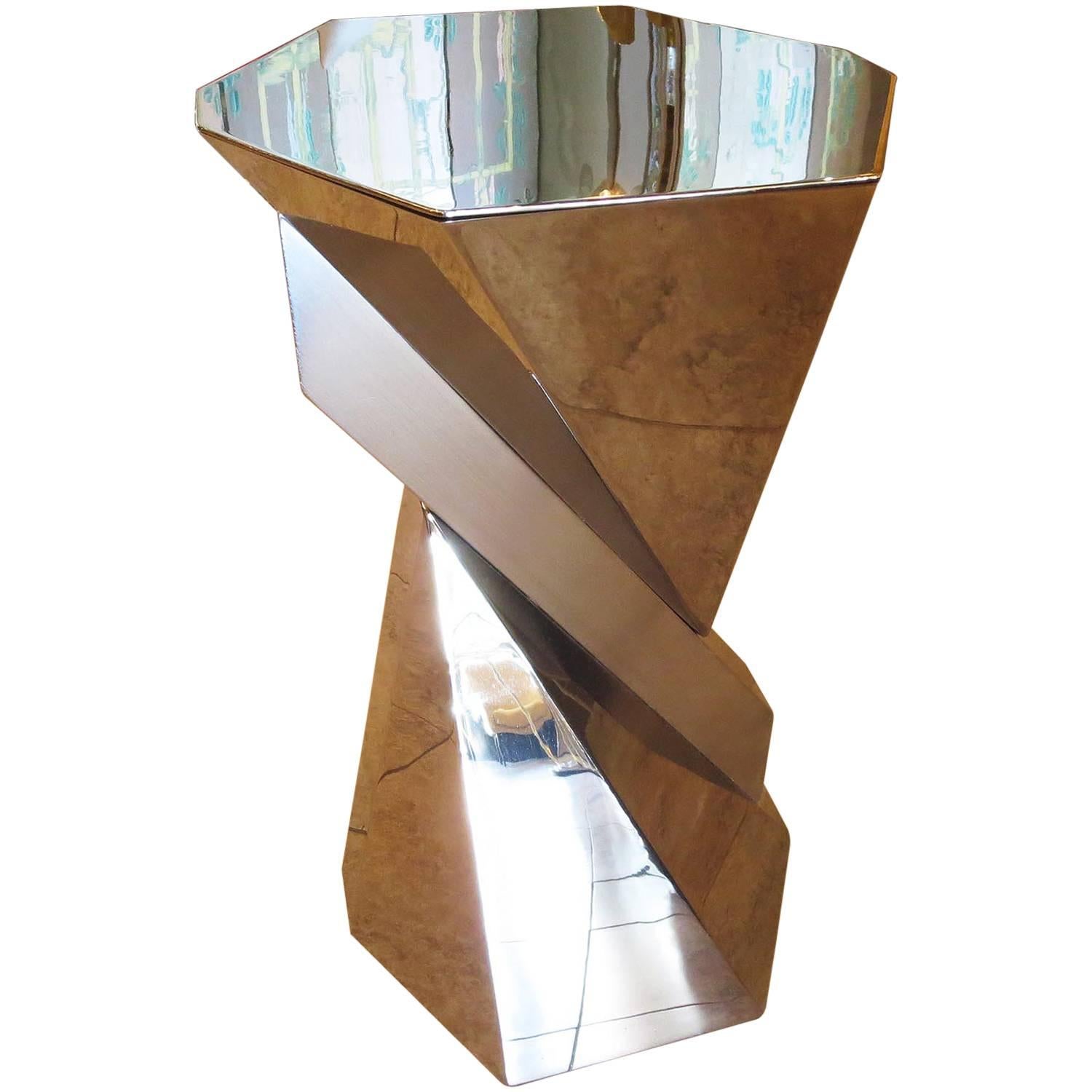 Cubist Pedestal or Side Table in Mirrored Stainless Steel